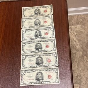 Set of Six Vintage Five Dollar Bills